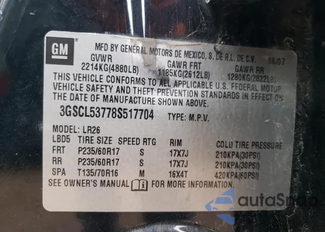 2008 Saturn Vue Xr z USA, uszkodzony, nr VIN 3GSCL53778S517704